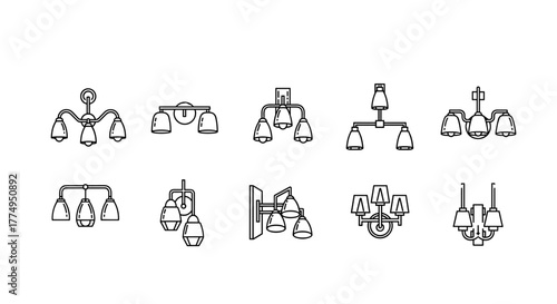 Collection of minimalistic thin line icons representing various wall chandeliers, perfect for web and graphic design, apps, banners, social networks, and cards. This vector cartoon illustration set