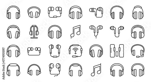 A vibrant and diverse bundle of thin, editable stroke icons representing various headphones, perfectly suited for web design, book illustrations, greeting cards, mobile applications, and digital
