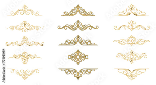 Collection of ornate golden dividers and decorative elements, meticulously crafted with intricate swirls and flourishes, presented against a sophisticated dark background, evoking a sense of luxury