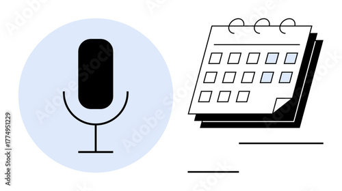 Microphone and calendar representing event scheduling, podcast planning, meetings, or content creation. Ideal for productivity, organization, media, planning, time management communication simple