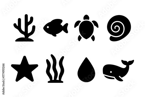Marine life icons collection: underwater creatures in silhouette style