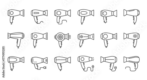 Collection of minimalistic thin line icons representing various hair dryers, perfect for web design, graphic design, app interfaces, banners, social networks, and cards. This vector cartoon