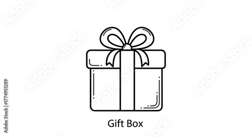 A minimalist line art vector illustration of a gift box with a bow, symbolizing charity, presents, and generosity. This icon set includes elements like a globe, mail, heart, and hands holding nature