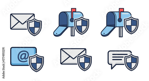 Set of six vector icons representing secure communication and data protection, featuring envelopes, a mailbox, an at-symbol, and a chat bubble, all accompanied by a shield symbol, suitable for