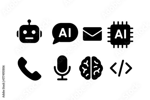 Artificial intelligence icons set: ai, robotics, coding, communication, neural network