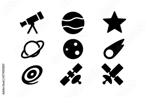 Celestial icon set: planets, telescopes, and space symbols in black silhouette style
