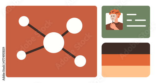 Centralized network with connected nodes, user profile card with avatar and text, and color swatches. Ideal for networking, technology, identity, communication, teamwork, design and branding