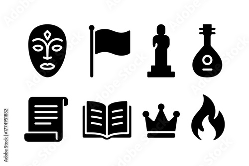 Icon set: mask, flag, statue, mandolin, scroll, book, crown, fire