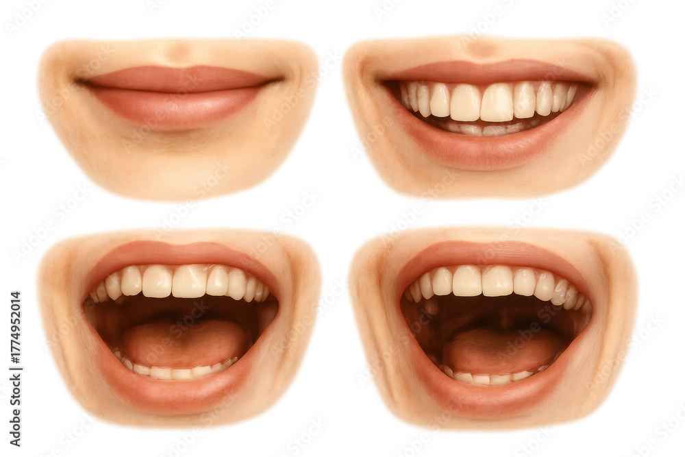 Naklejka premium Mouths displaying various expressions, ranging from joyful smiles to wide open laughter, set on a transparent background