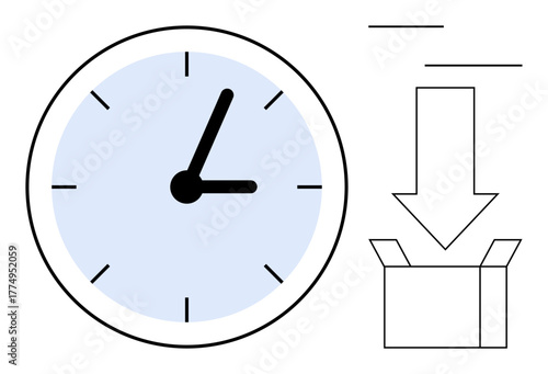 Wall clock with black hands, downward arrow, and open box representing time tracking, punctuality, deadline adherence, workflow optimization, task prioritization, productivity, and process