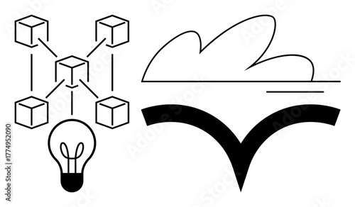 Abstract design with interconnected cubes connected to a light bulb and a cloud graphic above a stylized arc. Ideal for blockchain, innovation, cloud storage, technology, networking, data sharing