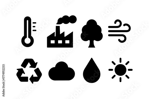 Environmental icons set: recycling, temperature, factory and more – black silhouettes