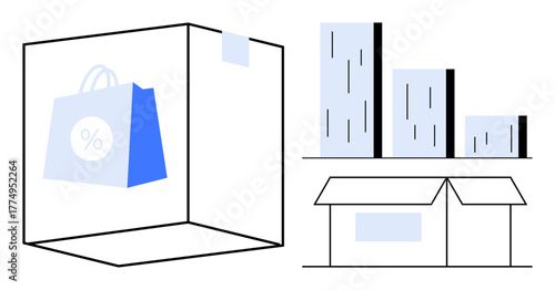 Shopping bag inside cube with percentage discount, bar graphs, and warehouse outline. Ideal for business, e-commerce, logistics, retail, sales marketing data. Minimalist flat metaphor