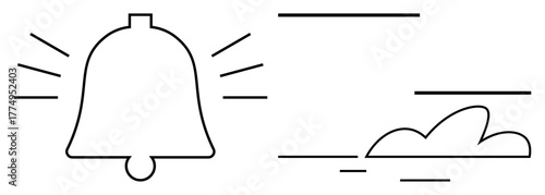 Bell with ringing motion and cloud in clean black line art design. Ideal for alarm, notification, cloud service, updates, communication, simplicity, modern UI. Minimalist flat metaphor