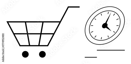 Shopping cart with clock symbolizing time management and speedy services. Ideal for e-commerce, delivery, efficiency, productivity, online stores, retail operations, simple flat metaphor