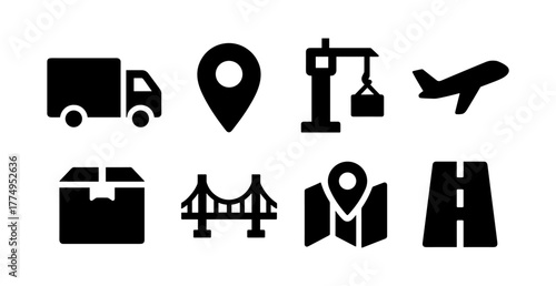 Silhouette icons of transport and logistics elements for modern design
