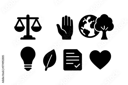 Silhouette icons: justice, environment, energy, and nature concepts