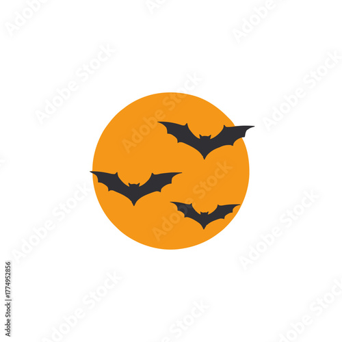 Spooky silhouette of bats flying across a vibrant full moon Halloween night scene