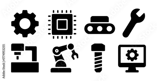 Industrial automation icons: machinery and robotics silhouettes for modern technology design