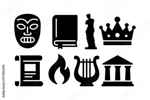 Ancient culture icons: mask, book, statue, crown, scroll, flame, lyre, temple