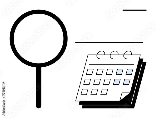 Magnifying glass hovering next to a spiral-bound calendar with marked dates. Ideal for time management, task prioritization, research, appointment scheduling, productivity, organization, deadlines