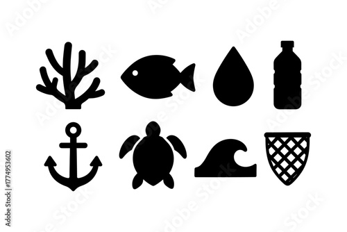 Marine eco symbols silhouette: ocean life, conservation, recycling icons