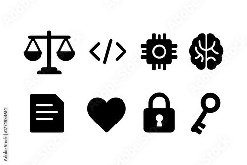 Set of minimalist black icons representing technology, law, and security essentials