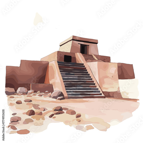 Tiwanaku Archaeological Site. Tiwanaku Archaeological Site hand drawn watercolor illustration