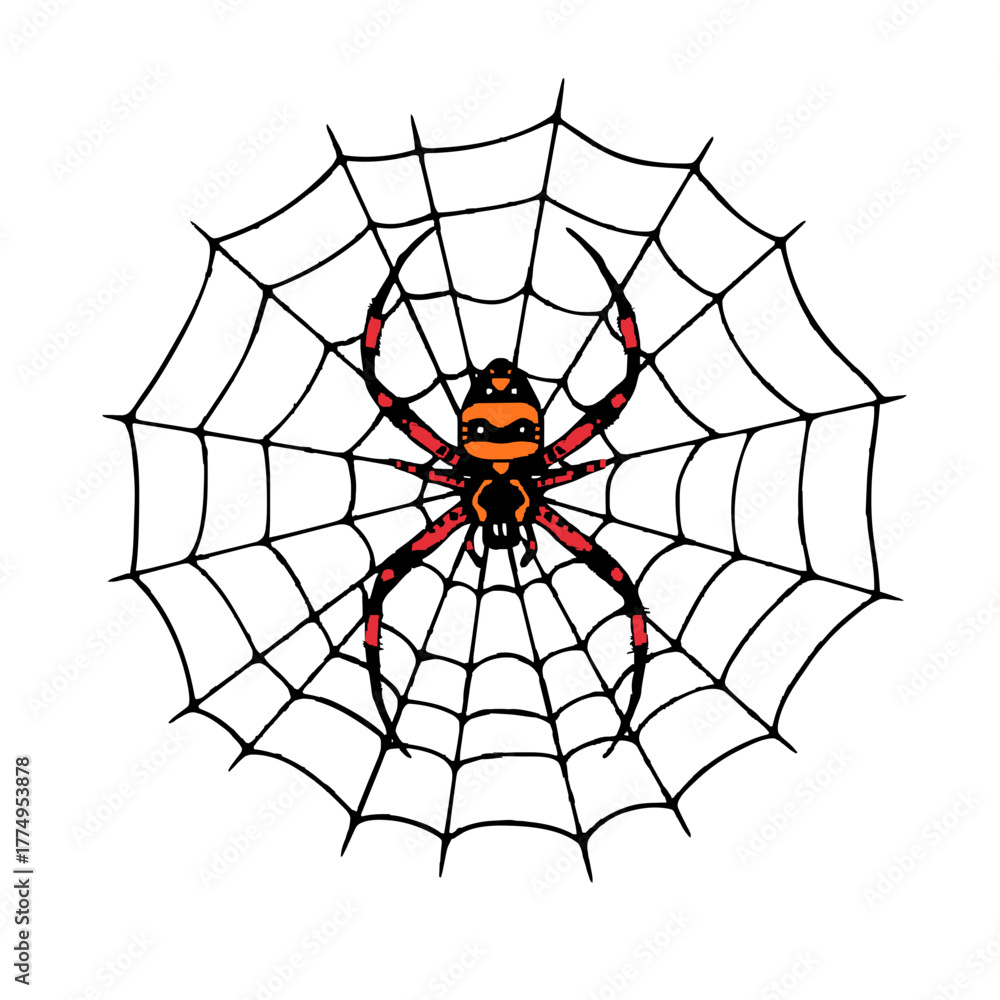 Fototapeta premium Dramatic spider in web illustration, spooky Halloween design element with vector art
