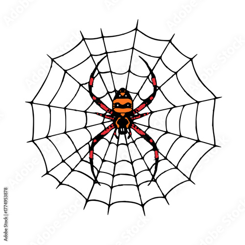Dramatic spider in web illustration, spooky Halloween design element with vector art
