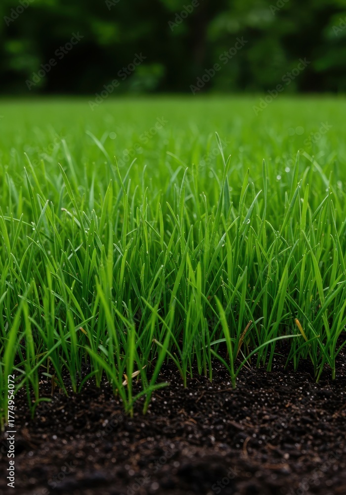 Fototapeta premium Close up texture of vibrant green lawn grass growing from nutrient rich dark fertile soil suitable for organic agriculture, gardening, and ecology ,ecosystem ,land ,organic