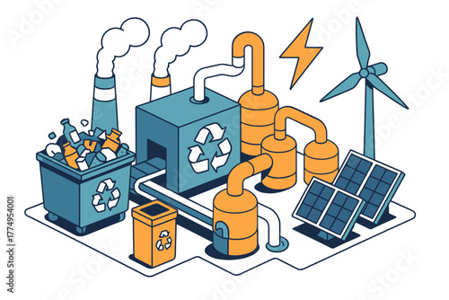 Sustainable energy and recycling concept in isometric design with factory, wind turbine, and solar panels