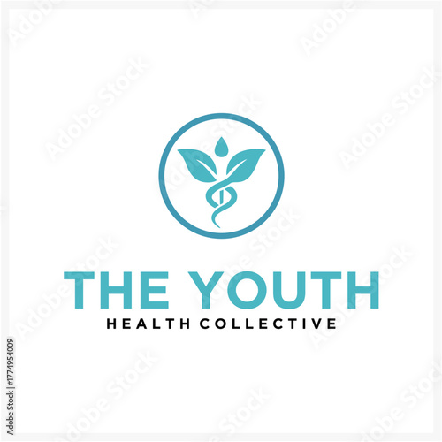 Elegant logo concept with a Rod of Asclepius snake and plant leaves in a circle. Modern symbol for natural health, wellness, and holistic medicine. 176