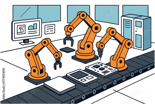 Automated robotic arms on conveyor in modern isometric manufacturing facility
