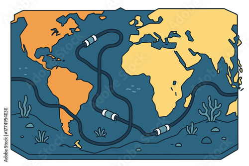 Colorful flat illustration of undersea cables connecting continents on world map