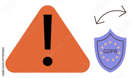 Orange alert triangle with exclamation mark next to GDPR shield with circular stars and arrows, symbolizing data protection, compliance, cyber security, EU regulations. Ideal for privacy awareness