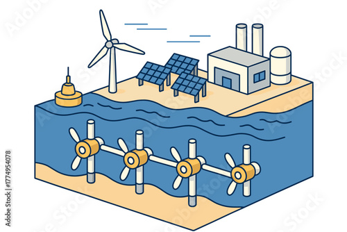 Renewable energy sources isometric design featuring wind, solar, and tidal power