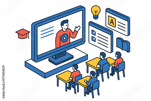 Isometric online learning concept: students in virtual classroom with video lecture and course materials