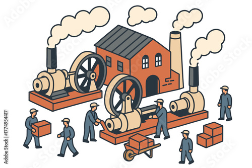 Industrial revolution factory scene with workers and machines in isometric style