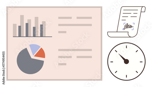 Graphs, signed document, and clock represent data analysis, agreement, time management, planning, deadlines, strategy and productivity. Ideal for reporting recordkeeping tracking planning