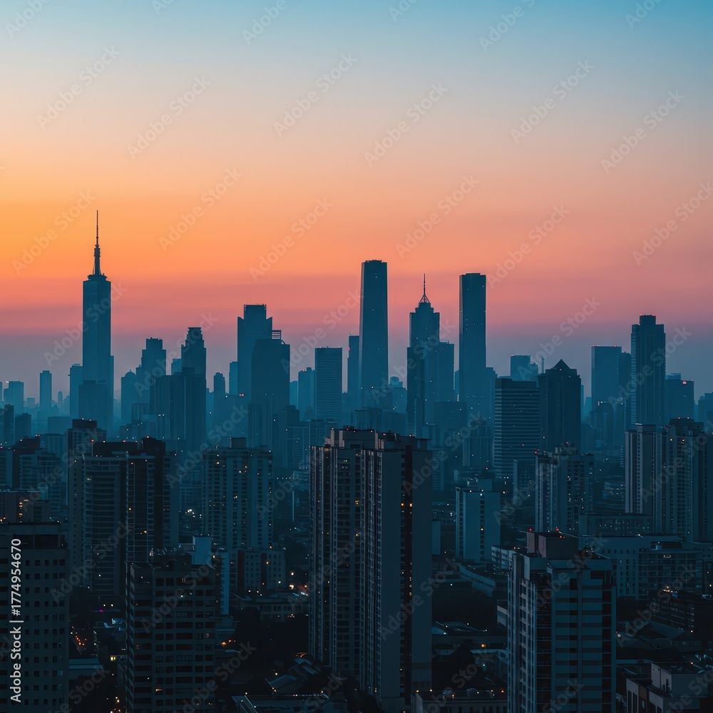 Fototapeta premium Vibrant twilight illuminating a massive metropolitan area filled with towering modern architectural structures standing against the fading light ,orange ,architecture ,large