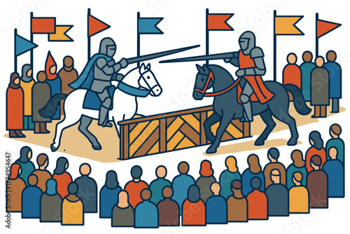 Medieval jousting tournament with knights on horses in a colorful flat design