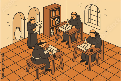 Monks writing manuscripts in medieval scriptorium with isometric design