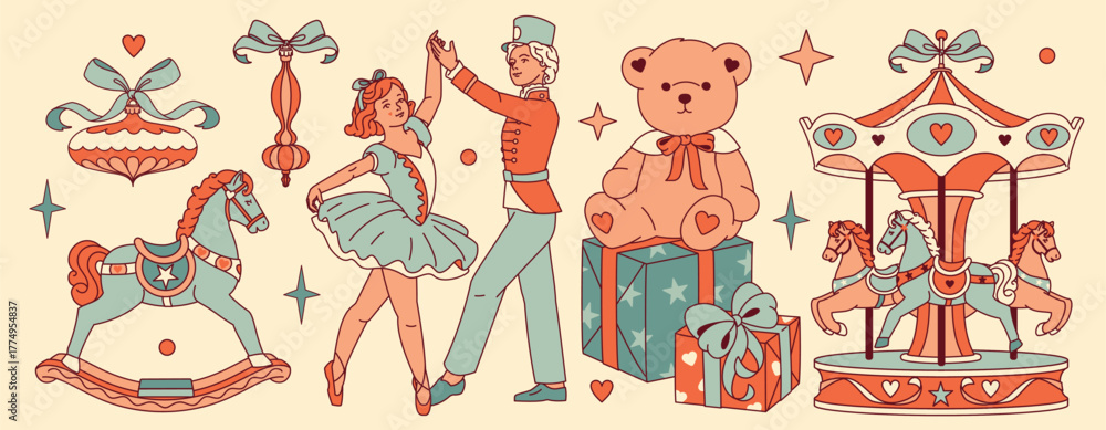 Fototapeta premium A large Noel collection of vintage Christmas illustrations featuring toys, amusement park elements, a ballerina, and a prince dancer. A perfect set for holiday projects