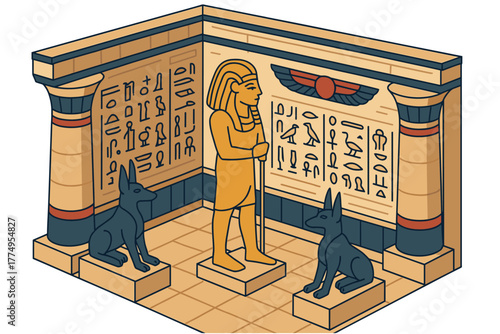 Ancient egyptian tomb interior with pharaoh statue and hieroglyphs in isometric design