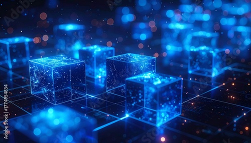 Glowing blue cubes scattered on a dark, gridded surface, creating a sense of depth and technological advancement. The cubes appear translucent, with internal light and sparkle 