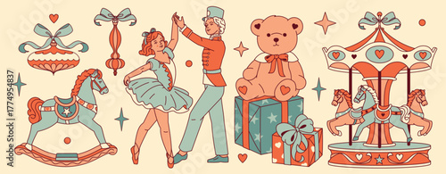 A large Noel collection of vintage Christmas illustrations featuring toys, amusement park elements, a ballerina, and a prince dancer. A perfect set for holiday projects