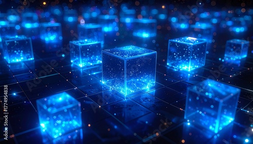 Glowing blue cubes scattered on a dark, gridded surface, creating a sense of depth and technological advancement. The cubes appear translucent, with internal light and sparkle 
