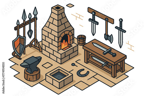 Medieval blacksmith workshop isometric scene with anvil and weapons
