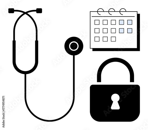 Stethoscope, calendar with marked dates, and security lock emphasize patient scheduling, medical data security, and trust. Ideal for healthcare management, privacy, safety, cybersecurity